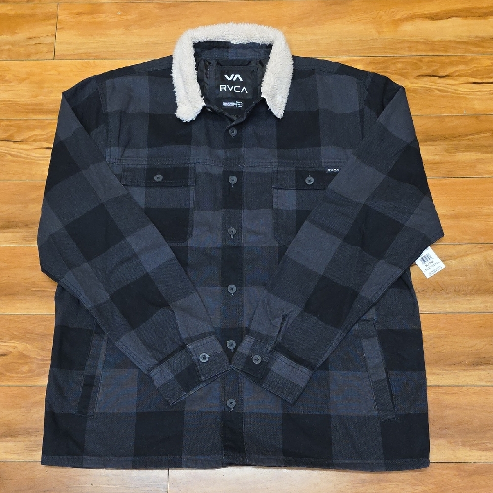 RVCA Size XL Range Faux Shearling Collar Plaid Flannel Shirt Jacket Black & Grey